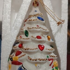Elegant White Christmas Tree Ornament with Gold and Multicolor Accents